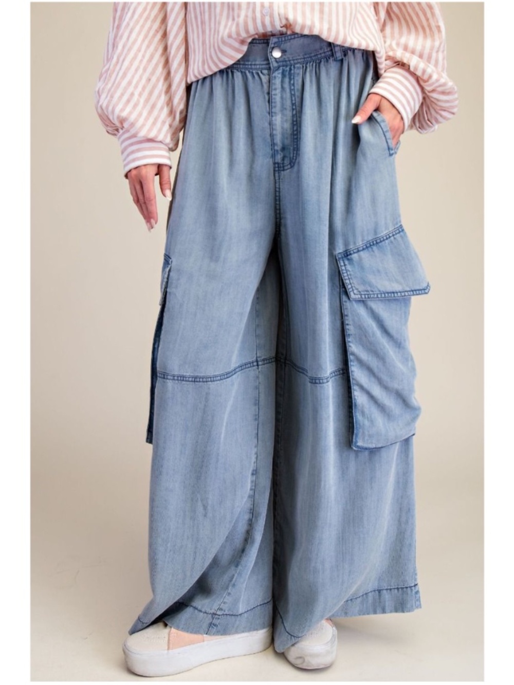 Easel Washed Chambray Stretchy Waist Wide leg Tencel Pants